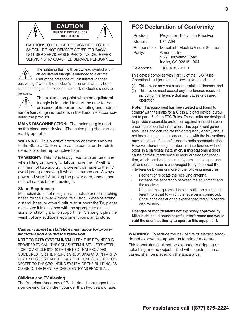 Caution, Fcc declaration of conformity | MITSUBISHI ELECTRIC Mitsubishi Electric Laservue L75-A94 User Manual | Page 3 / 44