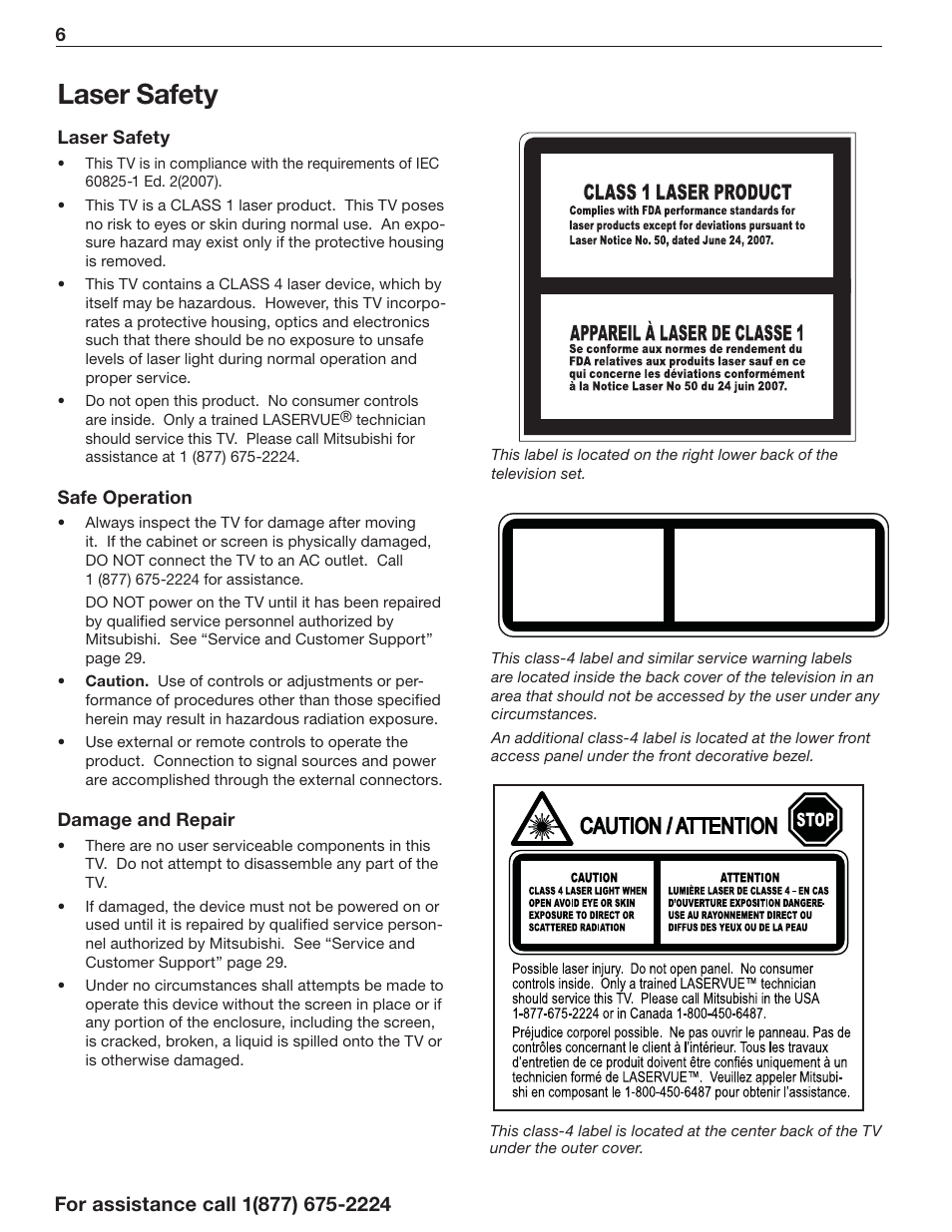 Laser safety | MITSUBISHI ELECTRIC Mitsubishi Electric Laservue L75-A94 User Manual | Page 6 / 44