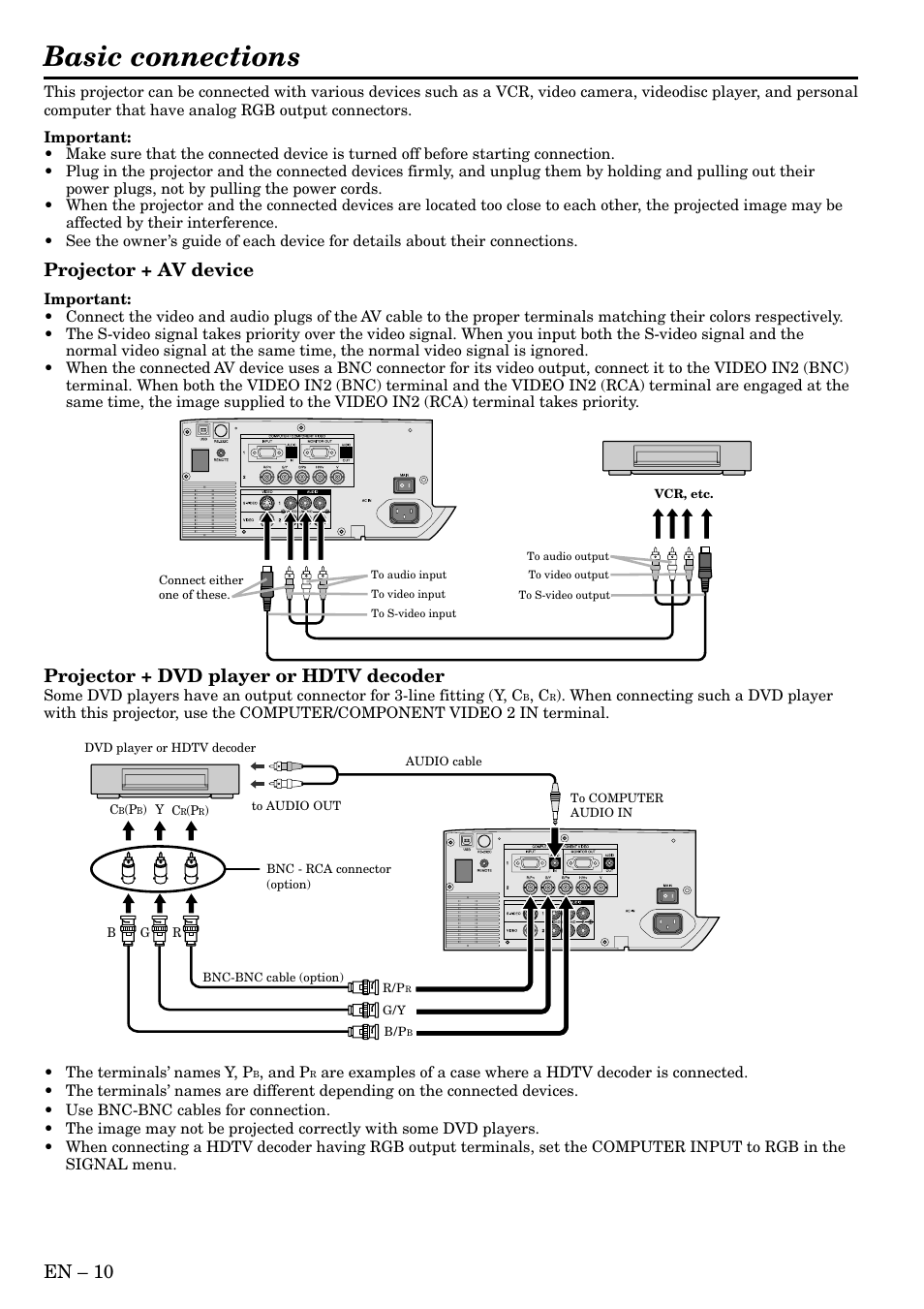 Basic connections, En – 10, Projector + av device | Projector + dvd player or hdtv decoder | MITSUBISHI ELECTRIC XL30 XL25 SL25 User Manual | Page 10 / 34