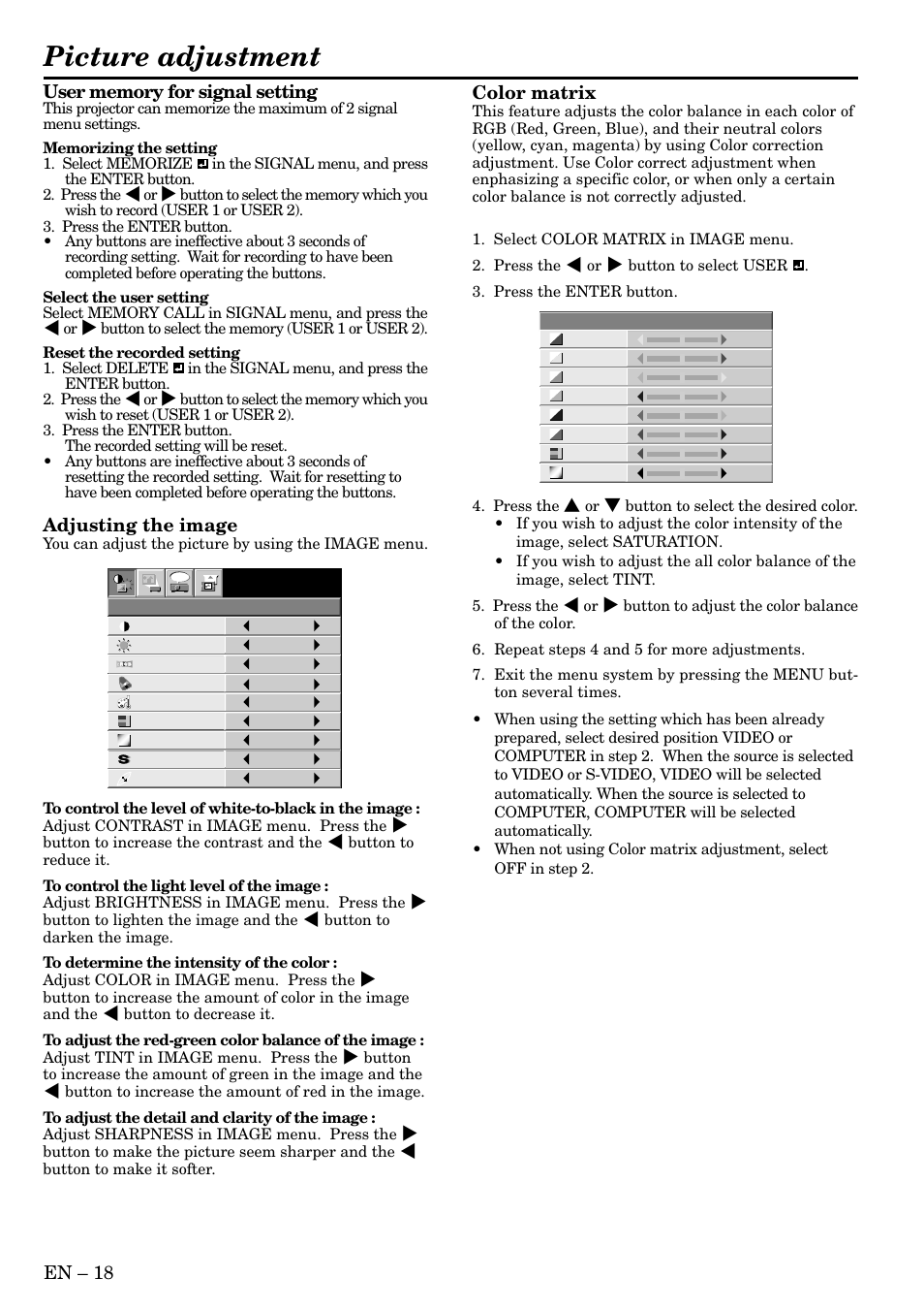 Picture adjustment, Adjusting the image, Color matrix | MITSUBISHI ELECTRIC XL30 XL25 SL25 User Manual | Page 18 / 34