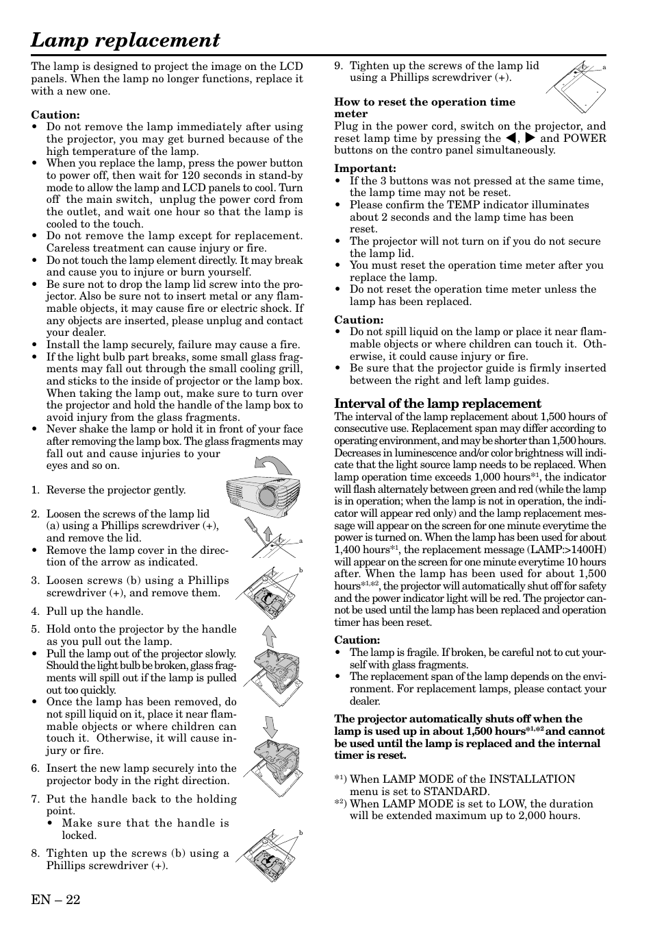 Lamp replacement, En – 22, Interval of the lamp replacement | MITSUBISHI ELECTRIC XL30 XL25 SL25 User Manual | Page 22 / 34