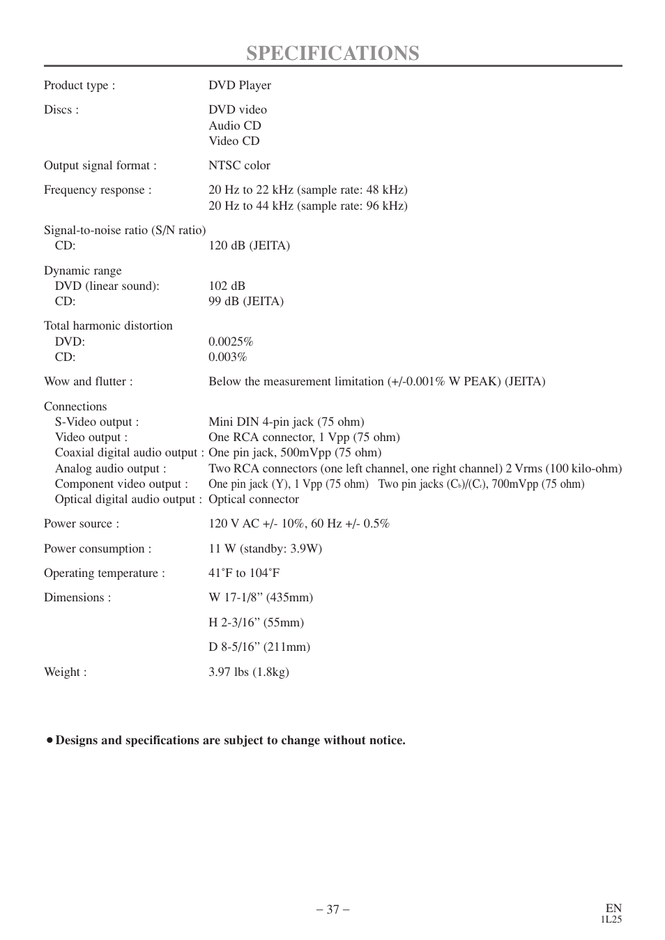 Specifications | MITSUBISHI ELECTRIC DD-6040 User Manual | Page 37 / 40