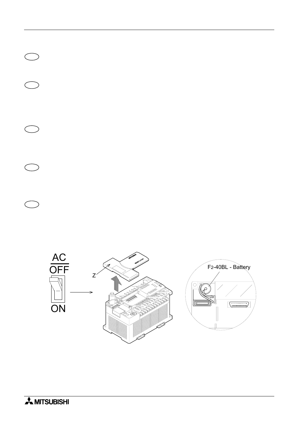 4 replacing the battery, 4 remplacement de la batterie, 4 batterieaustausch | 4 cambio della batteria, 4 cambio de batería, Off on ac, Remplacement de la batterie, Batterieaustausch, Cambio della batteri a, Cambio de batería | MITSUBISHI ELECTRIC FX 2N -16 User Manual | Page 101 / 126