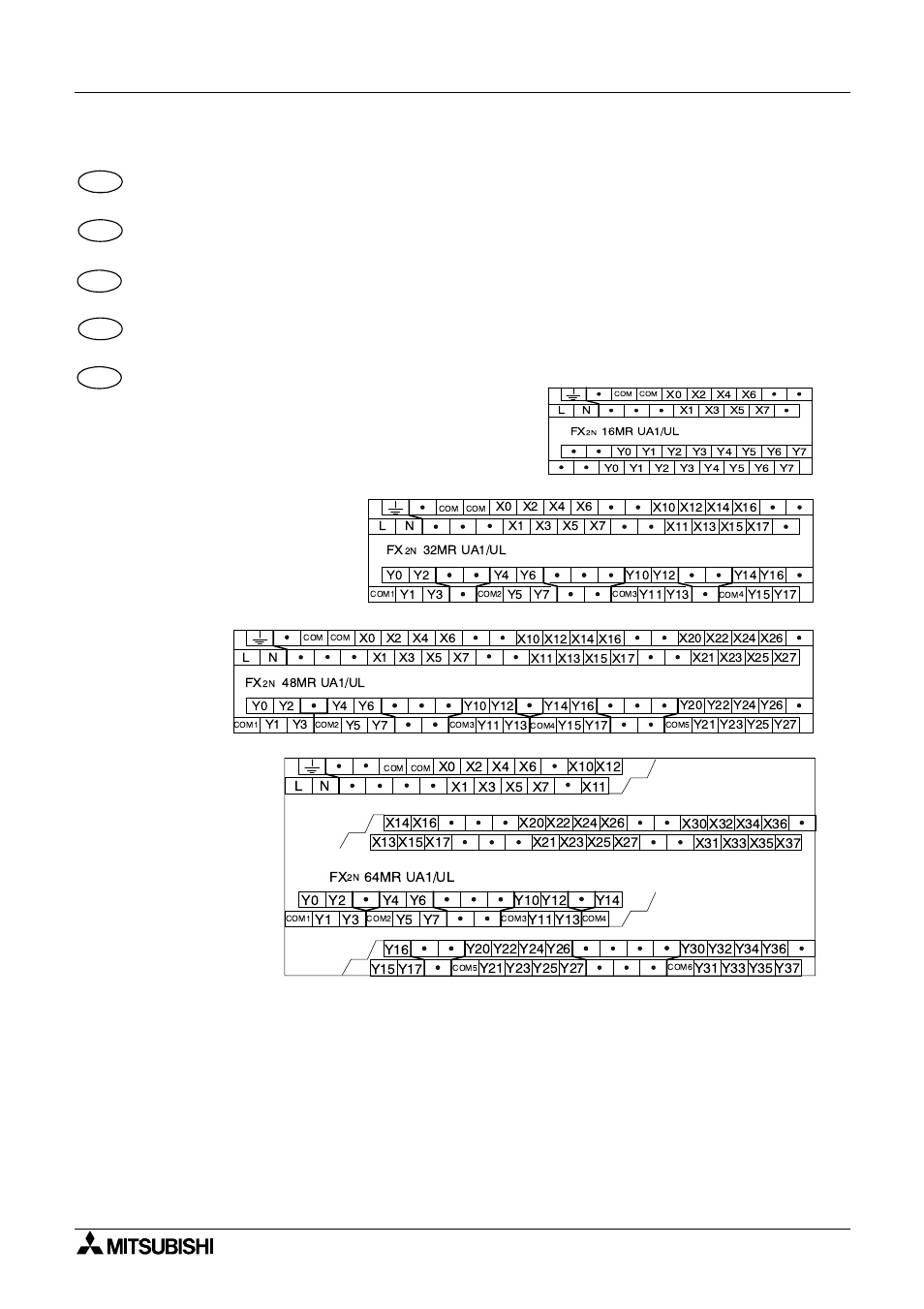 6 ac 110v input, mpus - (base units), 6 appareilsdebaseavec entrées 110v ca, 6 grundgeräte mit ac 110v-eingängen | 6 apparecchi base con ingressi 110v ca, 6 unidades base con entradas de 110v ca | MITSUBISHI ELECTRIC FX 2N -16 User Manual | Page 35 / 126