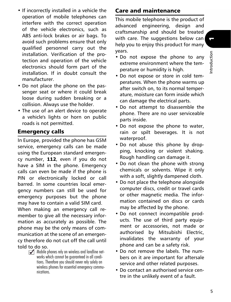 Emergency calls, Care and maintenance | MITSUBISHI ELECTRIC Trium 110 User Manual | Page 5 / 64