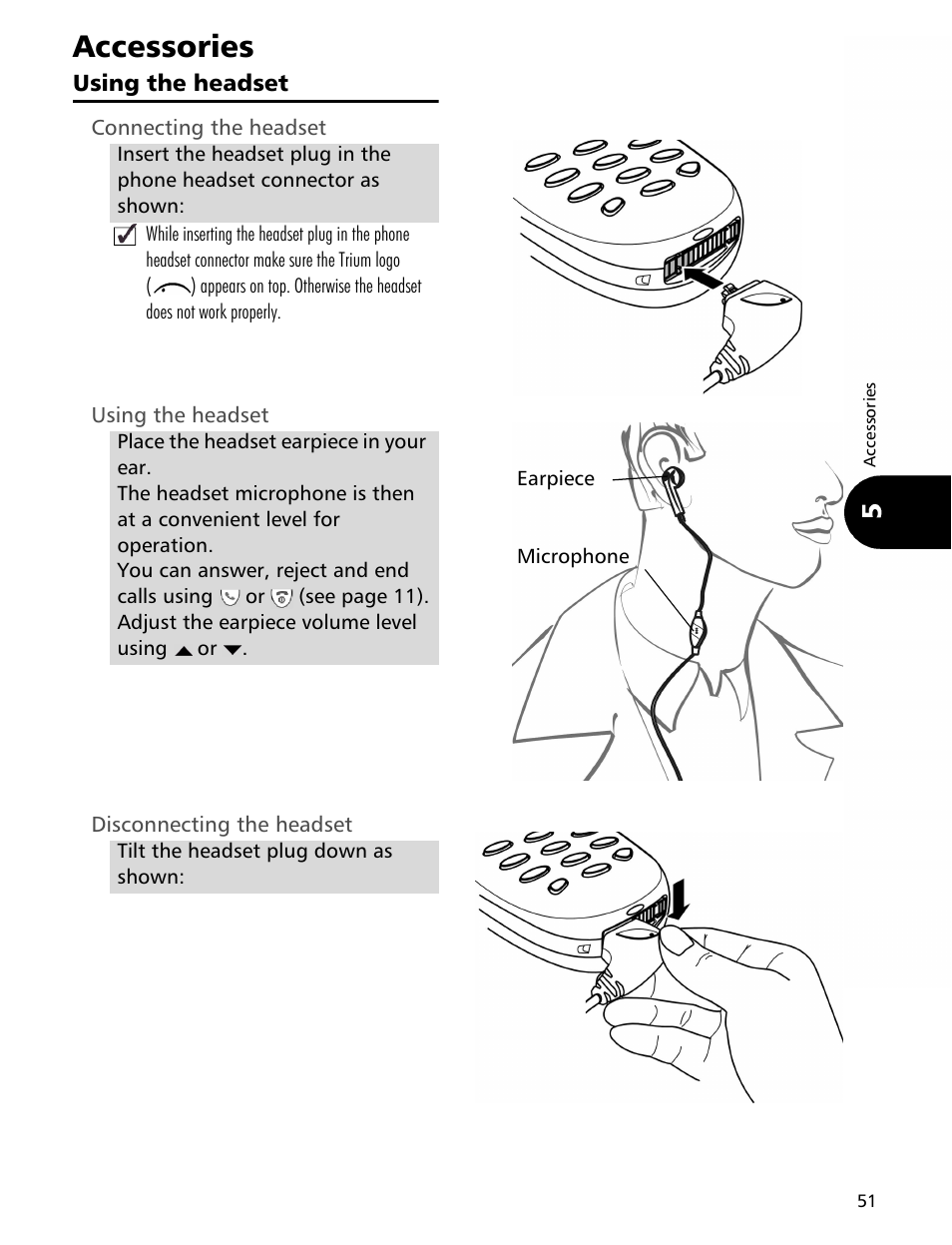 Accessories, Using the headset | MITSUBISHI ELECTRIC Trium 110 User Manual | Page 51 / 64