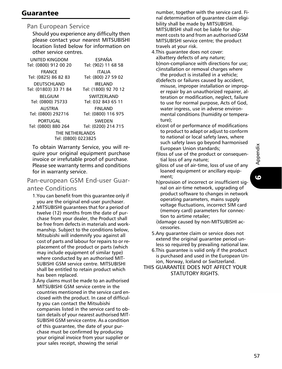 Guarantee, Pan european service, Pan-european gsm end-user guar- antee conditions | MITSUBISHI ELECTRIC Trium 110 User Manual | Page 57 / 64