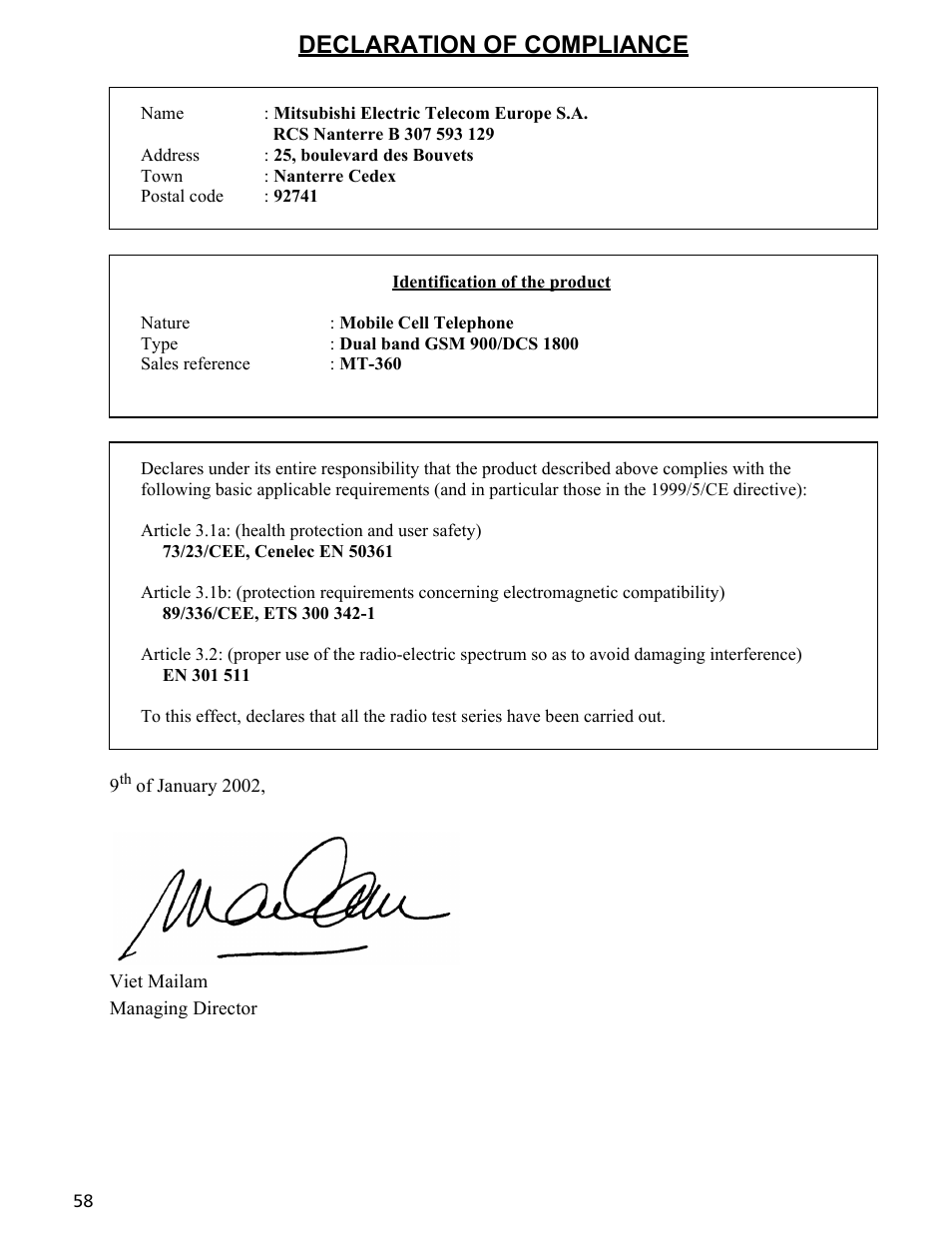 Declaration of compliance | MITSUBISHI ELECTRIC Trium 110 User Manual | Page 58 / 64