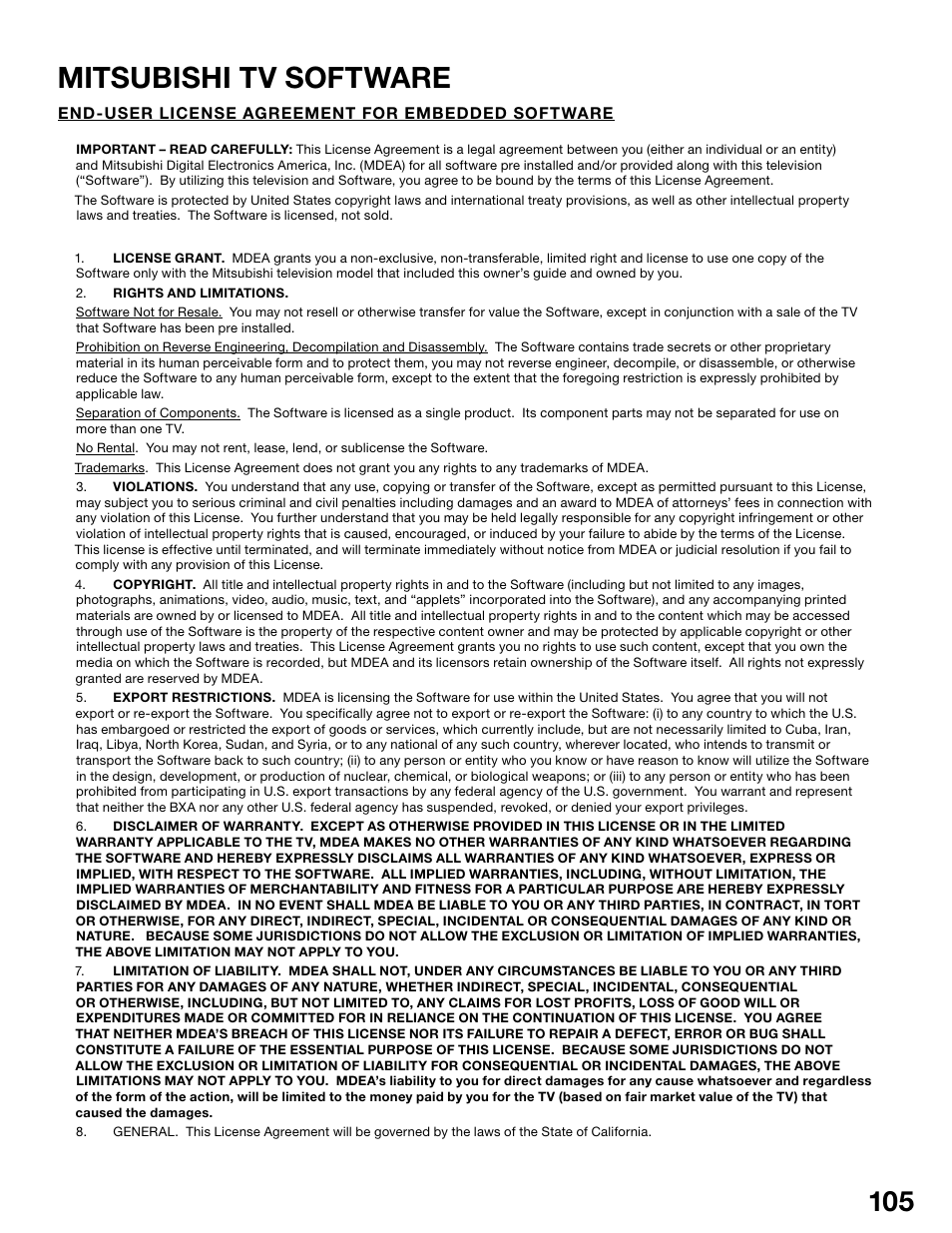 Mitsubishi tv software | MITSUBISHI ELECTRIC WD-62525 User Manual | Page 105 / 108