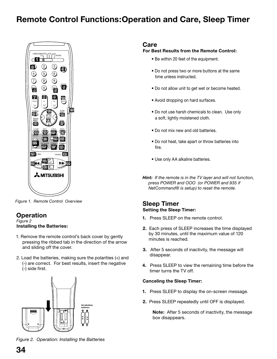 Operation, Sleep timer, Care | Figure 2. operation: installing the batteries, Figure 2, Figure 1. remote control overview | MITSUBISHI ELECTRIC WD-62525 User Manual | Page 34 / 108