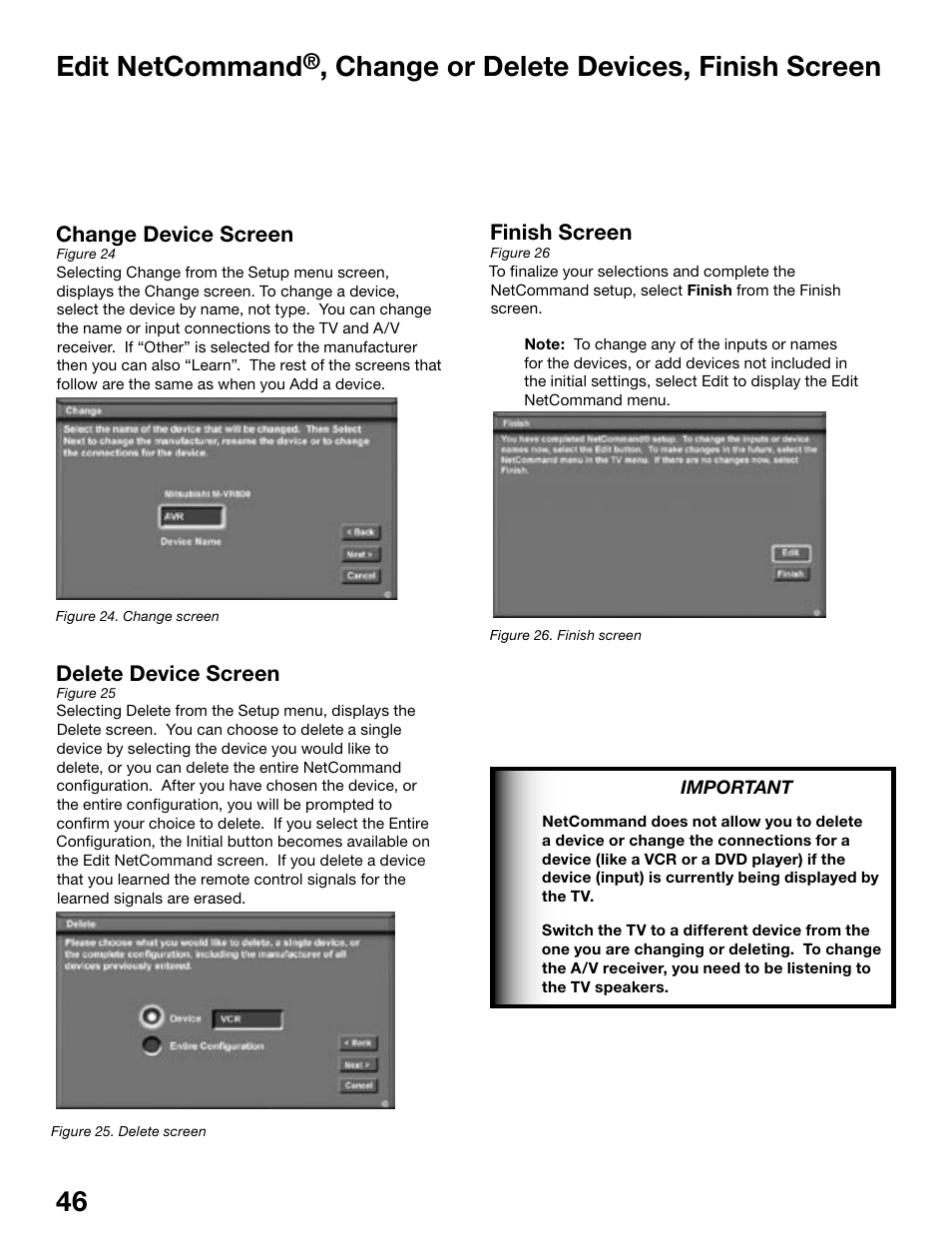 Chapter, Edit netcommand, Change or delete devices, finish screen | MITSUBISHI ELECTRIC WD-62525 User Manual | Page 46 / 108