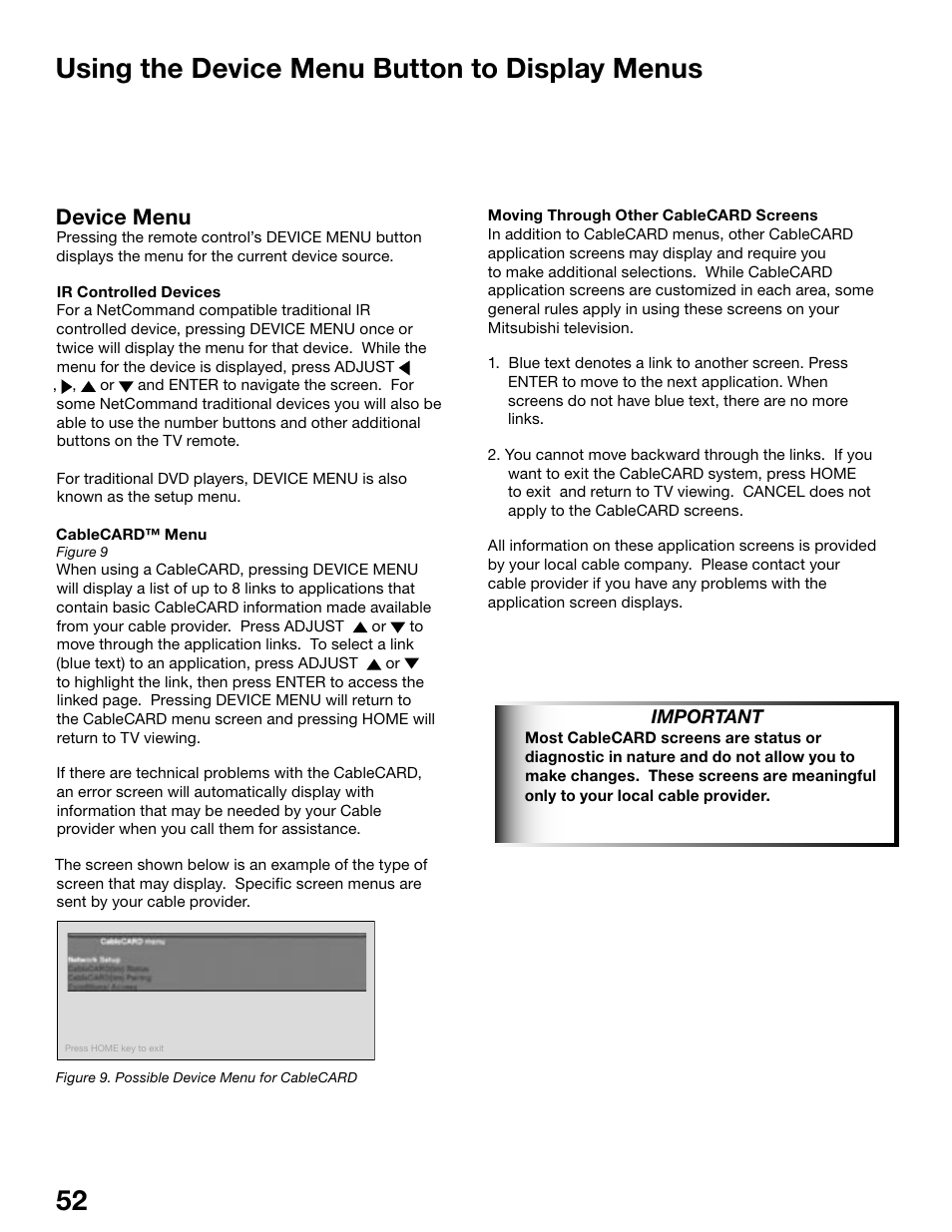 Using the device menu button to display menus, Device menu | MITSUBISHI ELECTRIC WD-62525 User Manual | Page 52 / 108