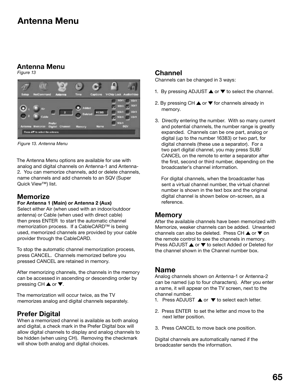 Name, Antenna menu, Prefer digital | Channel | MITSUBISHI ELECTRIC WD-62525 User Manual | Page 65 / 108