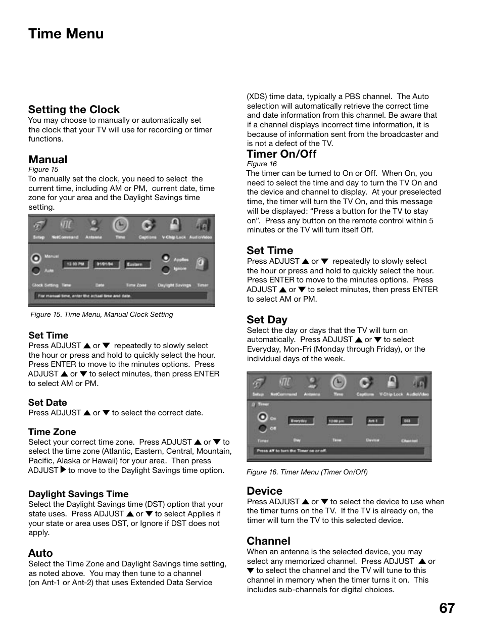 Time menu, Setting the clock, Manual | Auto, Timer on/off, Set time, Set day, Device, Channel | MITSUBISHI ELECTRIC WD-62525 User Manual | Page 67 / 108