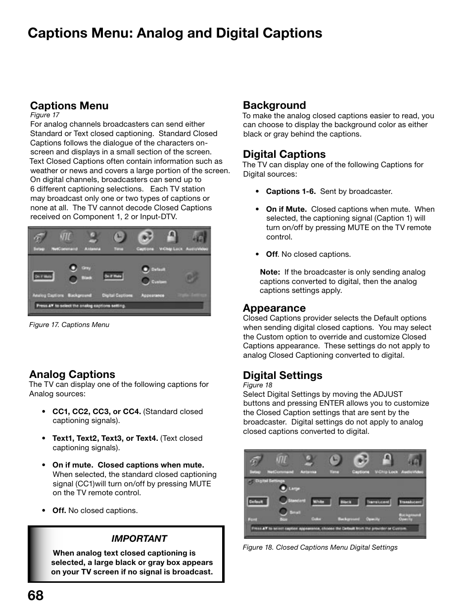 68 69 captions menu: analog and digital captions, Captions menu, Analog captions | Background, Digital captions, Appearance, Digital settings | MITSUBISHI ELECTRIC WD-62525 User Manual | Page 68 / 108