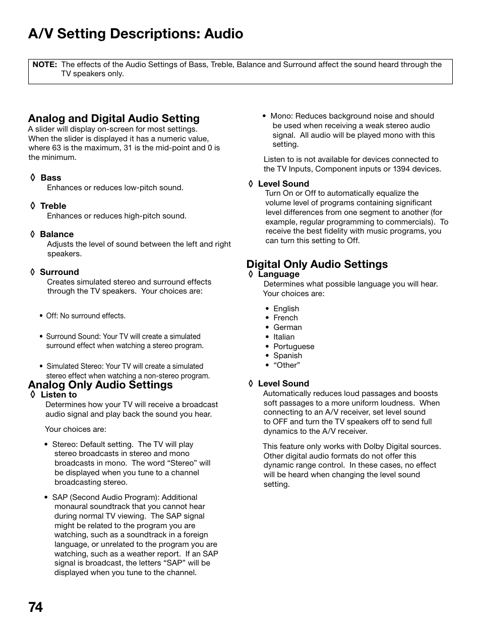 74 75 a/v setting descriptions: audio, Analog and digital audio setting, Analog only audio settings | Digital only audio settings | MITSUBISHI ELECTRIC WD-62525 User Manual | Page 74 / 108