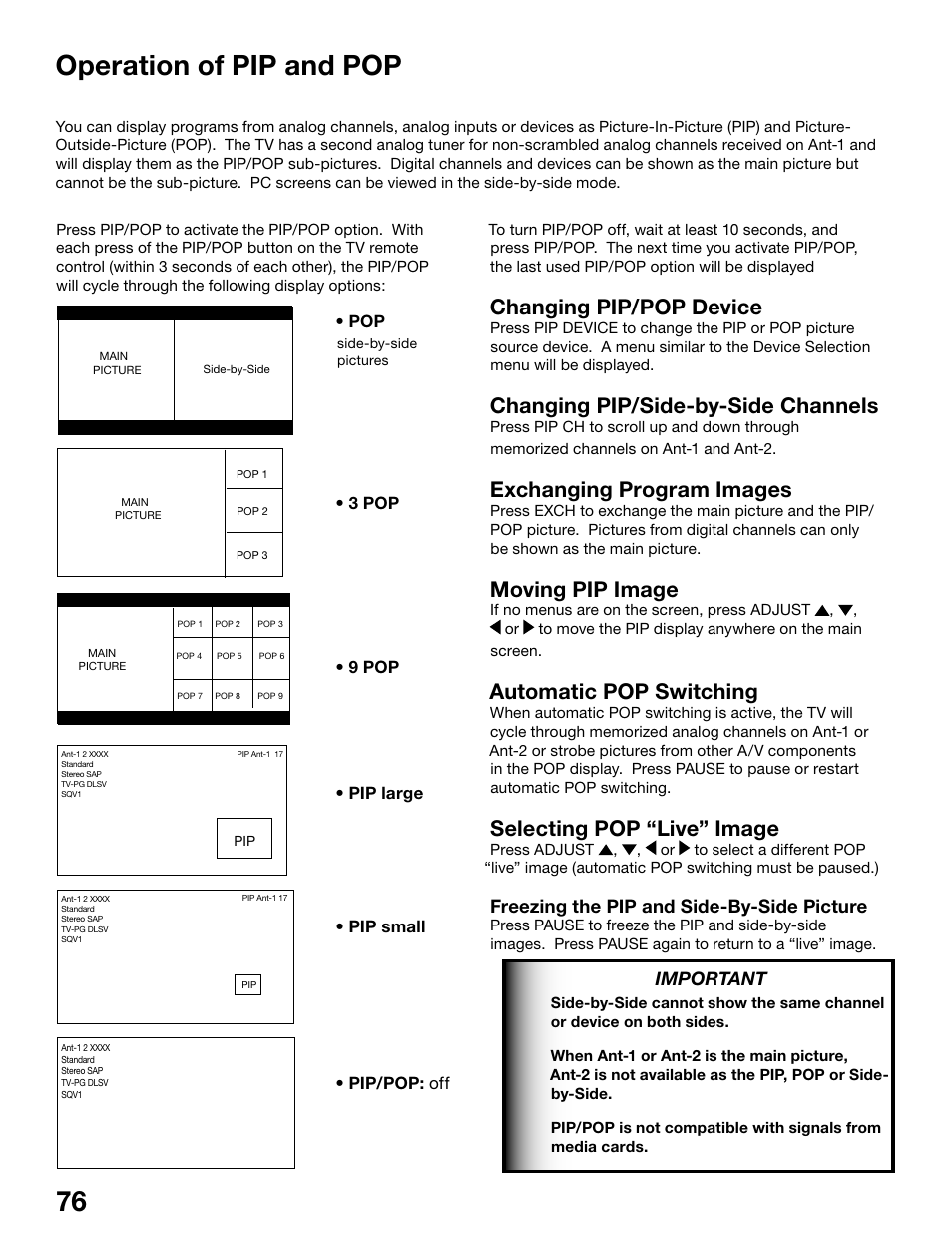 Chapter, Operation of pip and pop, Changing pip/pop device | Changing pip/side-by-side channels, Exchanging program images, Moving pip image, Automatic pop switching, Selecting pop “live” image | MITSUBISHI ELECTRIC WD-62525 User Manual | Page 76 / 108