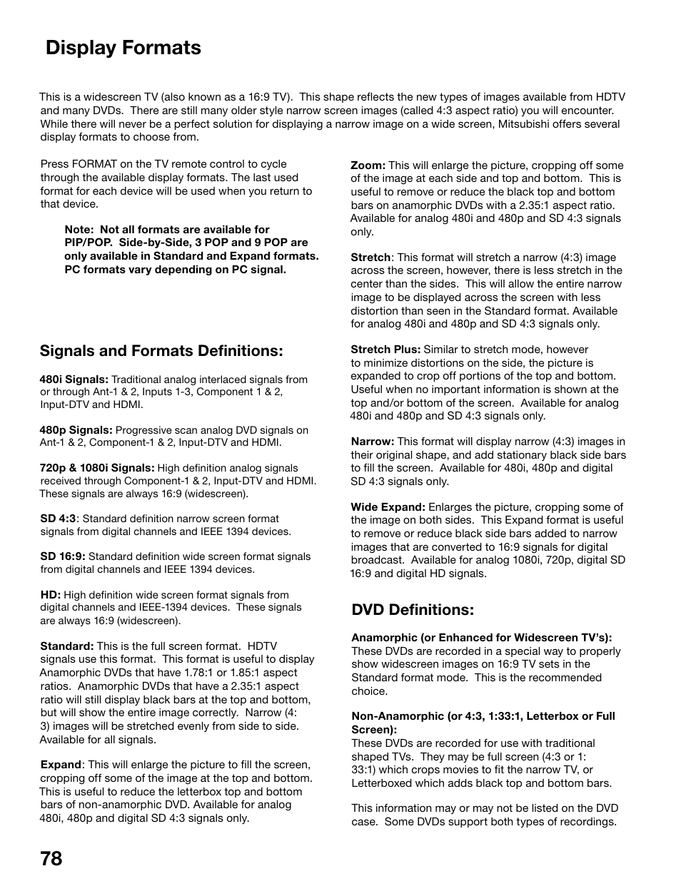 78 79 display formats, Signals and formats definitions, Dvd definitions | MITSUBISHI ELECTRIC WD-62525 User Manual | Page 78 / 108
