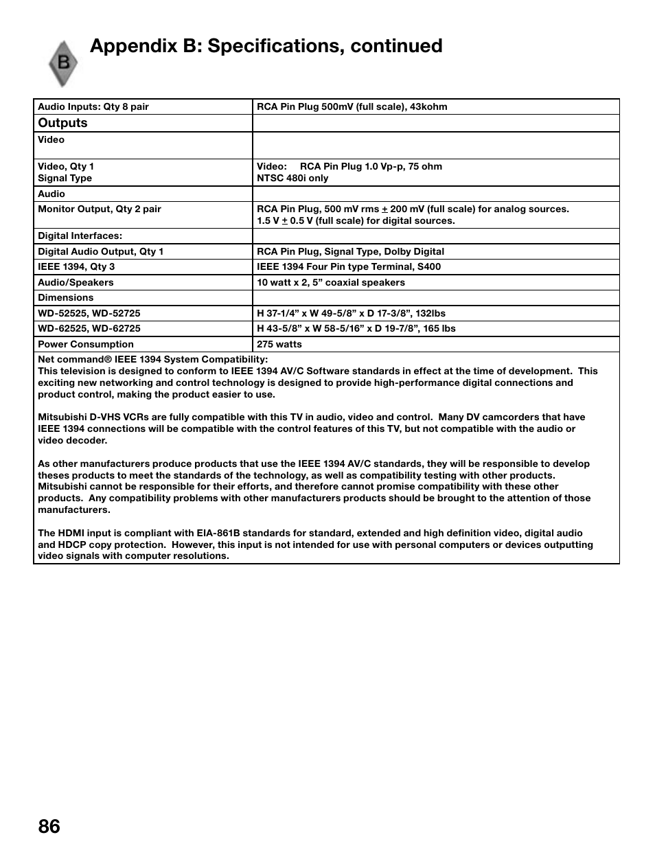 Appendix b: specifications, continued | MITSUBISHI ELECTRIC WD-62525 User Manual | Page 86 / 108