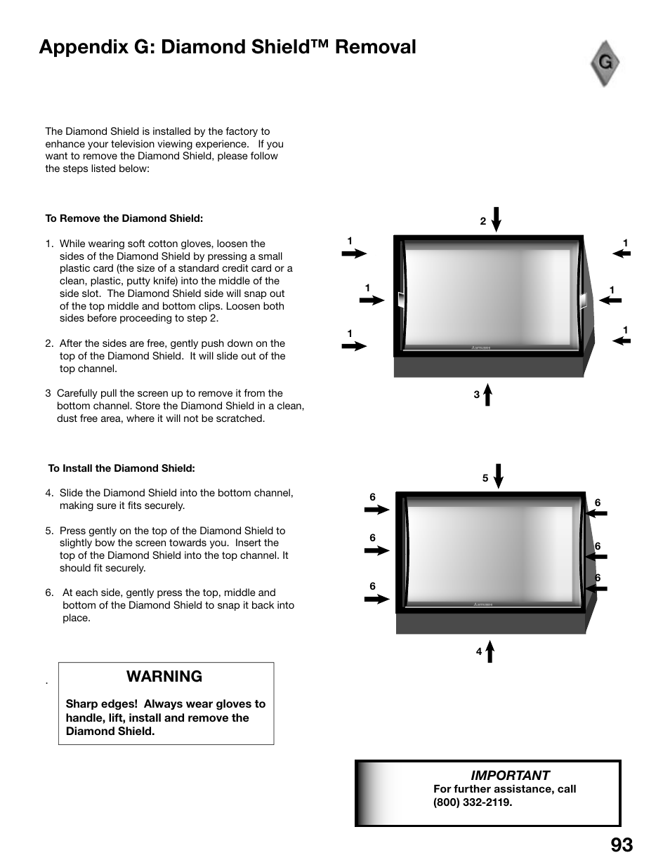 Appendix g: diamond shield™ removal, Warning | MITSUBISHI ELECTRIC WD-62525 User Manual | Page 93 / 108