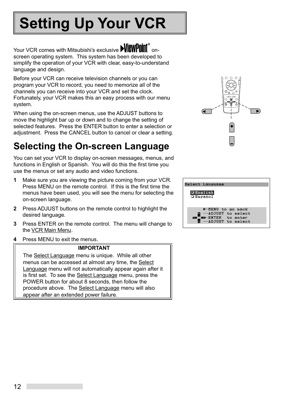 Setting up your vcr, Selecting the on-screen language | Mitsumi electronic HS-U449 User Manual | Page 14 / 56