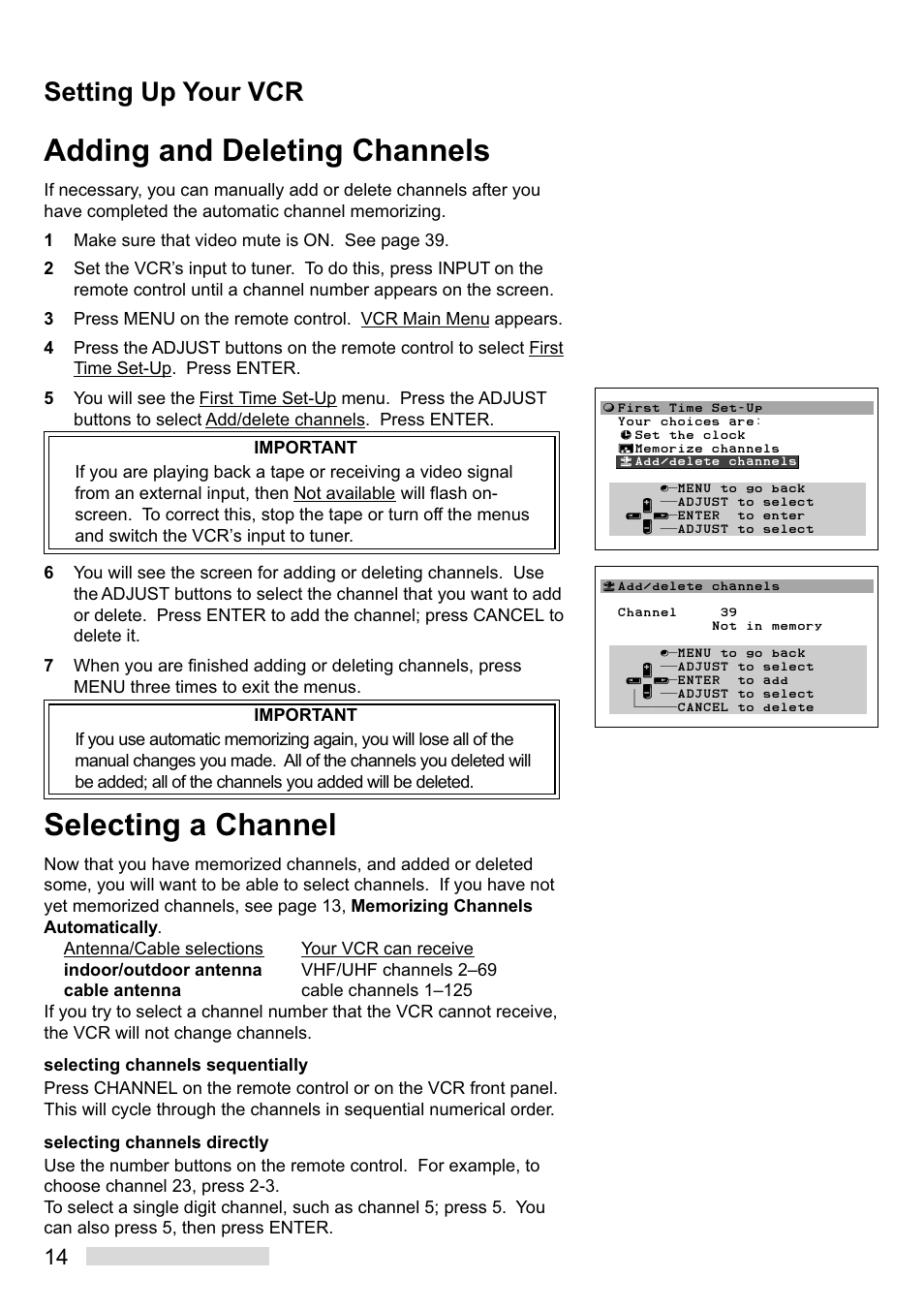 Adding and deleting channels, Selecting a channel, Setting up your vcr | Mitsumi electronic HS-U449 User Manual | Page 16 / 56