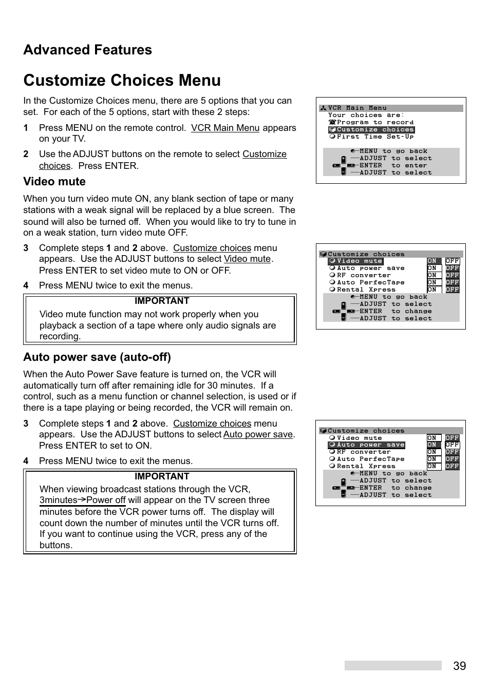 Customize choices menu, Advanced features, Video mute | Auto power save (auto-off) | Mitsumi electronic HS-U449 User Manual | Page 41 / 56
