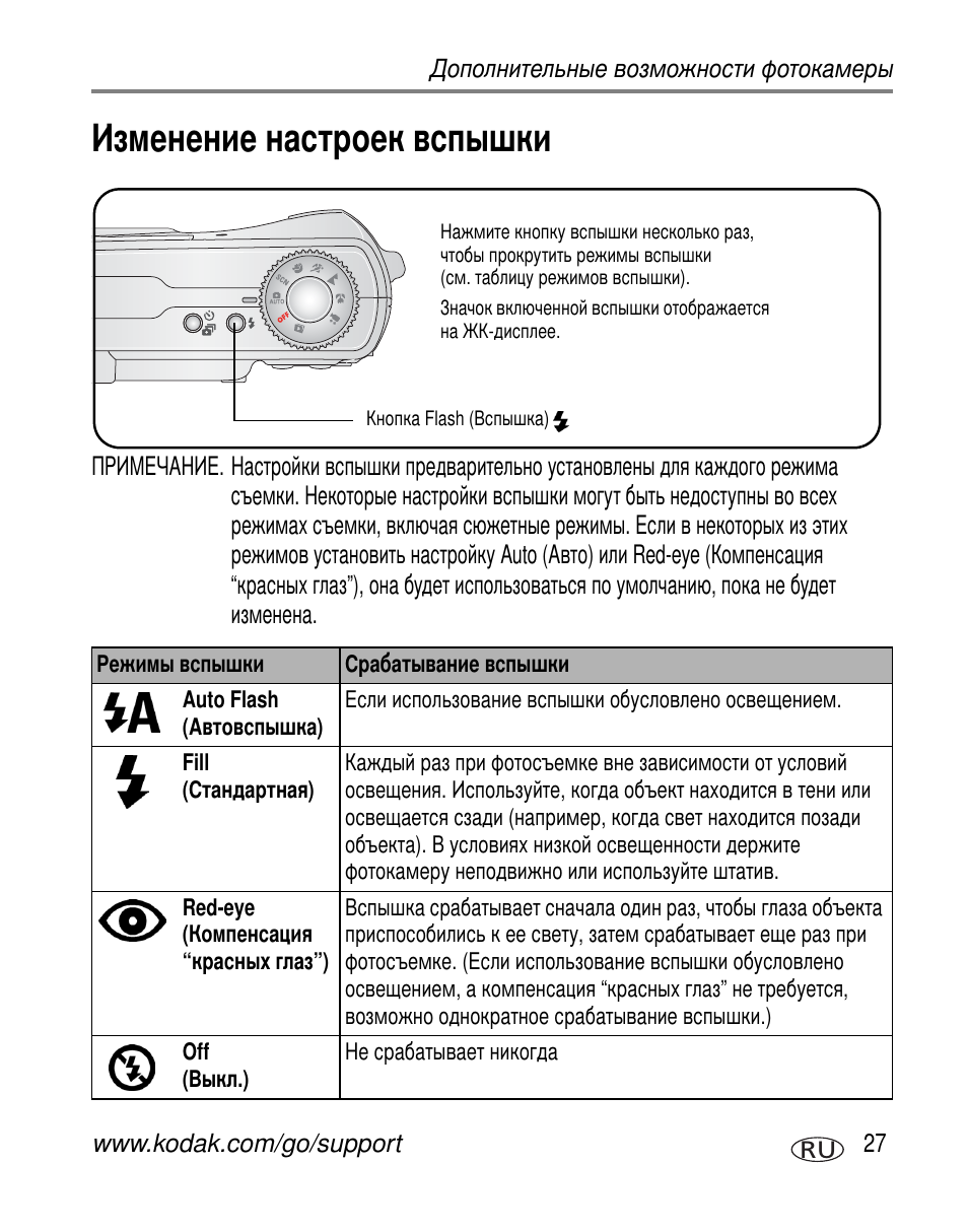 Изменение настроек вспышки | Kodak C330 User Manual | Page 33 / 81