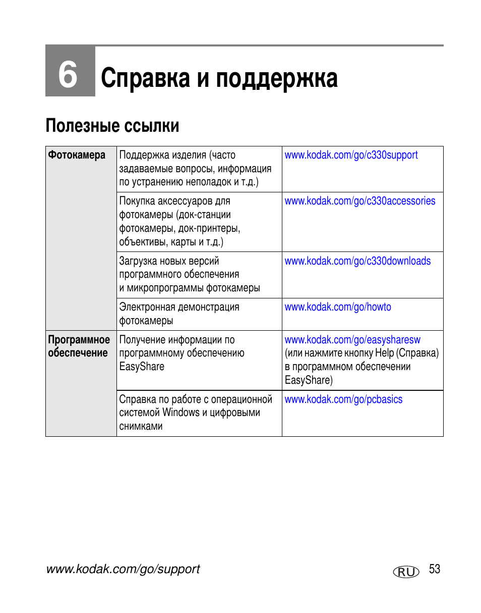 Справка и поддержка, Полезные ссылки | Kodak C330 User Manual | Page 59 / 81