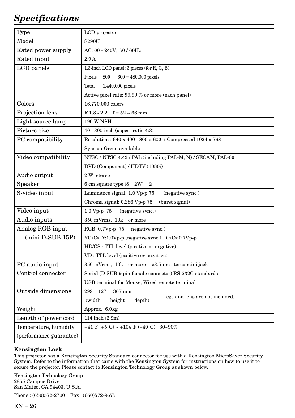 Specifications | MITSUBISHI ELECTRIC S290U User Manual | Page 26 / 28