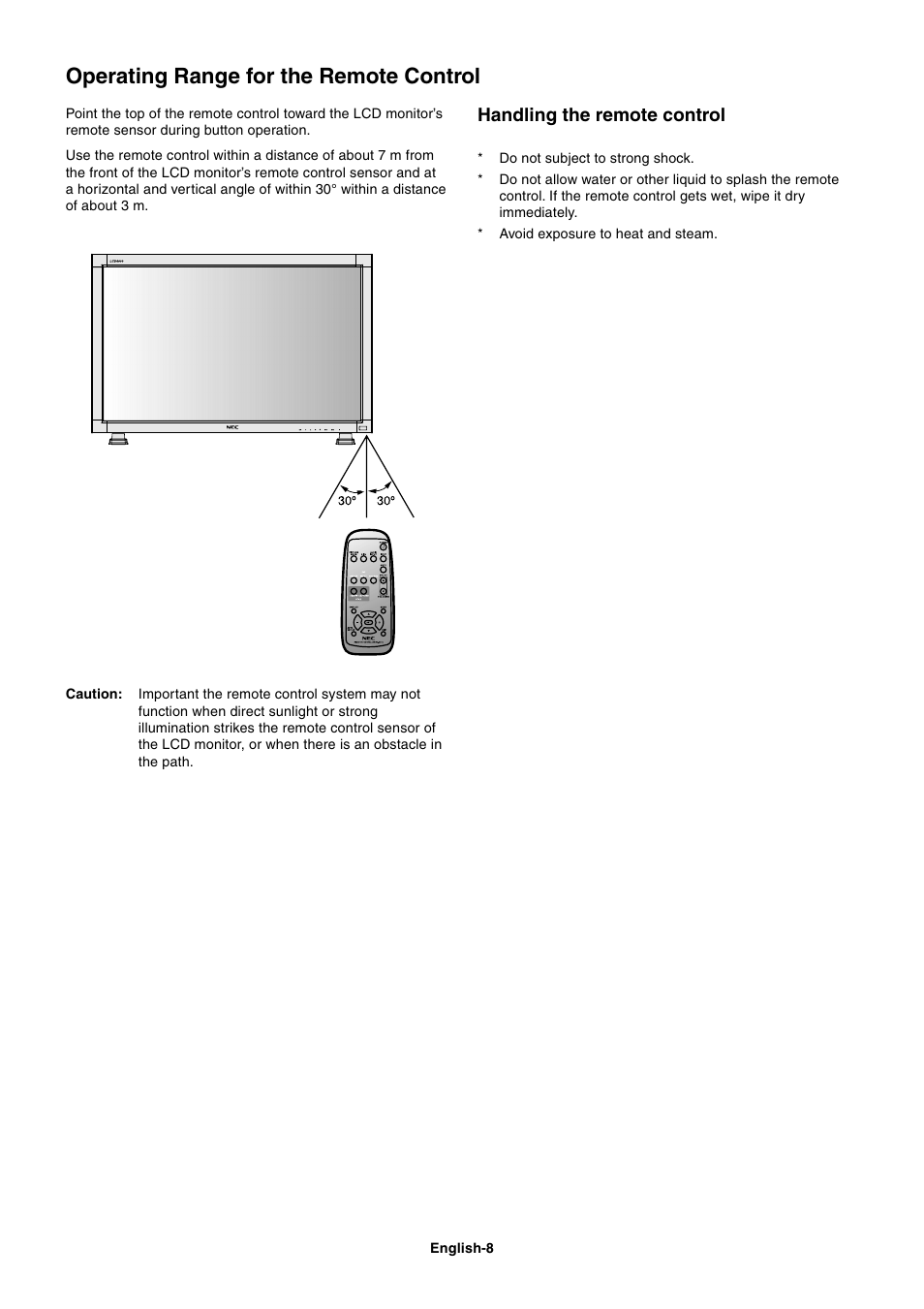 Operating range for the remote control, Handling the remote control | NEC LCD4000 User Manual | Page 10 / 37