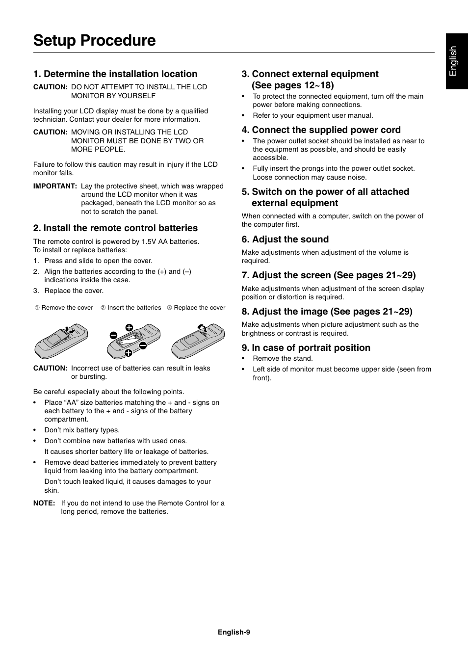 Setup procedure, English 1. determine the installation location, Install the remote control batteries | Connect external equipment (see pages 12~18), Connect the supplied power cord, Adjust the sound, Adjust the screen (see pages 21~29), Adjust the image (see pages 21~29) | NEC LCD4000 User Manual | Page 11 / 37