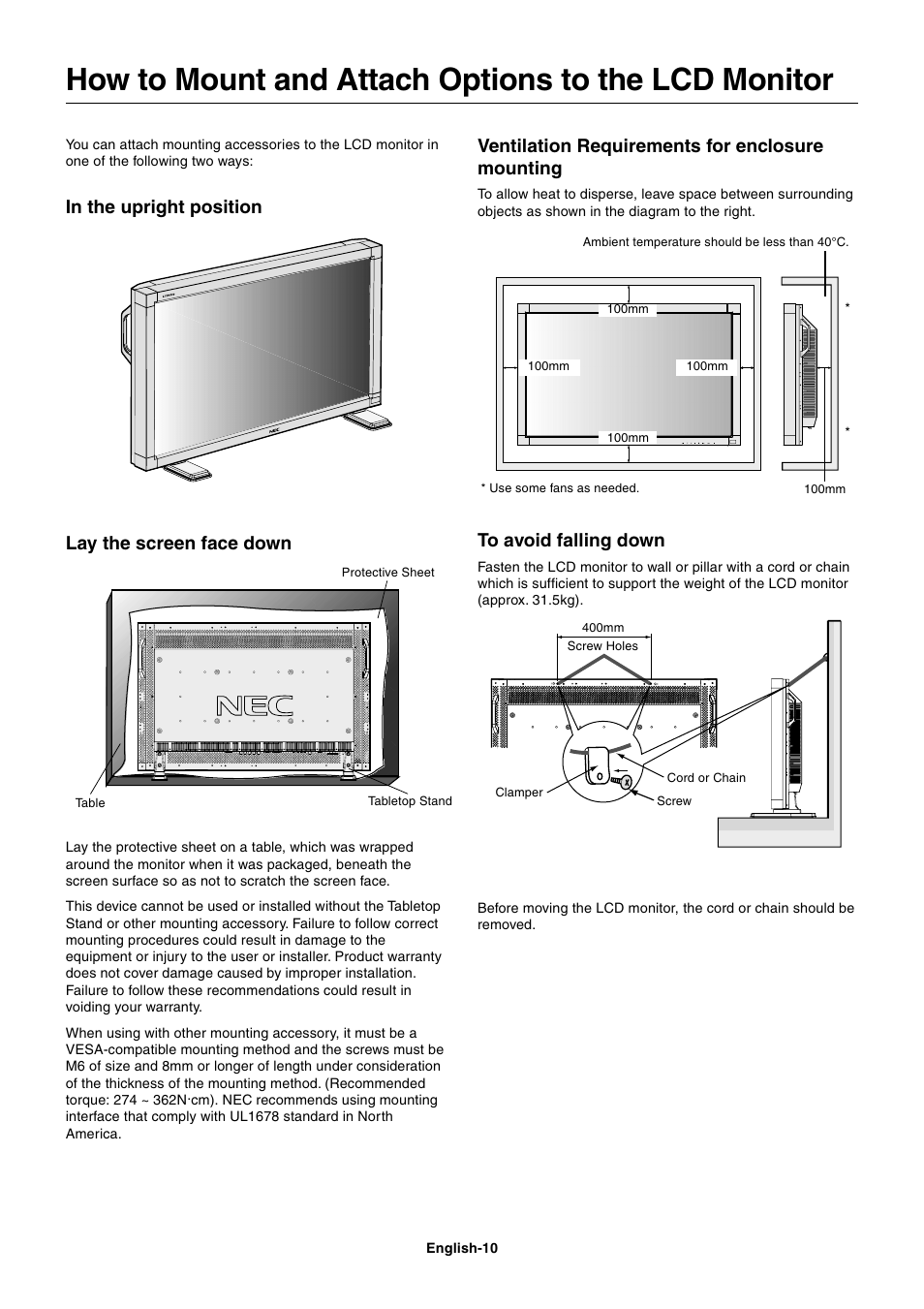 How to mount and attach options to the lcd monitor, Ventilation requirements for enclosure mounting, Lay the screen face down | NEC LCD4000 User Manual | Page 12 / 37