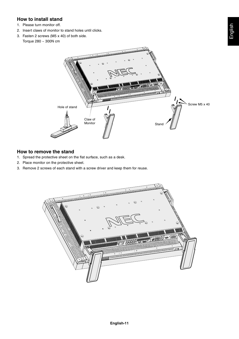 English, How to install stand, How to remove the stand | NEC LCD4000 User Manual | Page 13 / 37