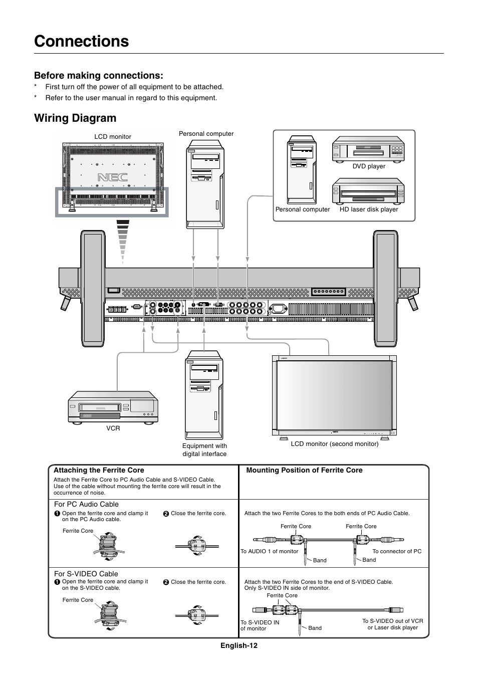 Connections, Wiring diagram, Before making connections | NEC LCD4000 User Manual | Page 14 / 37