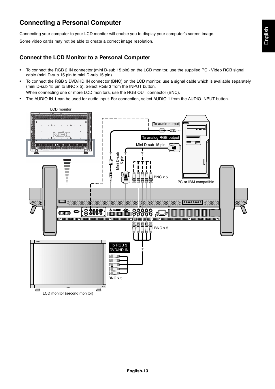 Connecting a personal computer, English, Connect the lcd monitor to a personal computer | NEC LCD4000 User Manual | Page 15 / 37