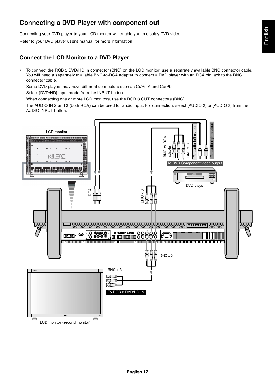 Connecting a dvd player with component out, English, Connect the lcd monitor to a dvd player | NEC LCD4000 User Manual | Page 19 / 37