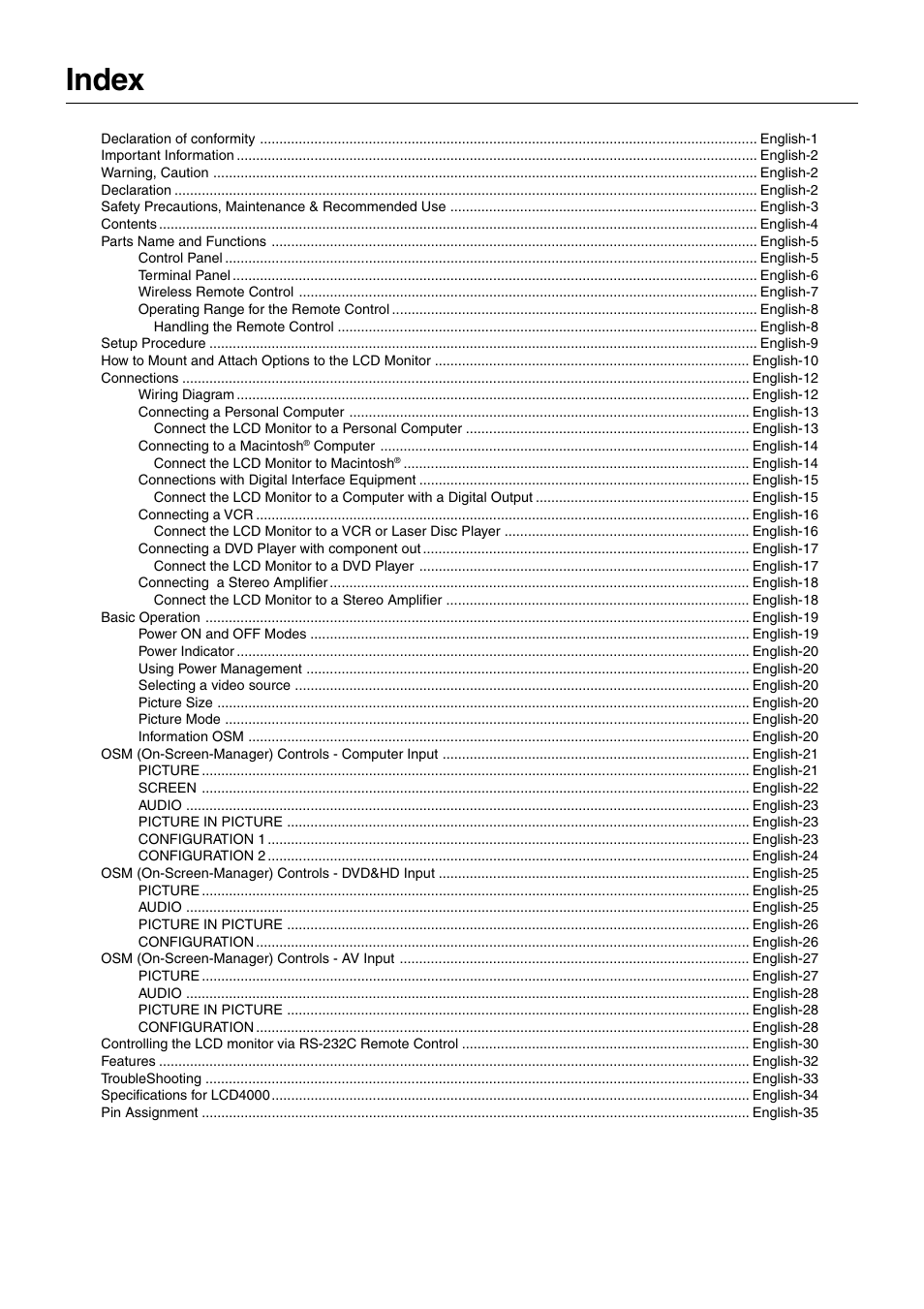 Index | NEC LCD4000 User Manual | Page 2 / 37