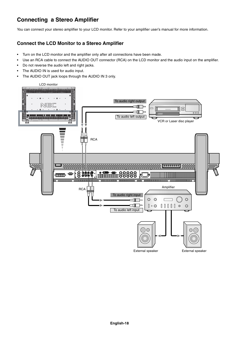 Connecting a stereo amplifier, Connect the lcd monitor to a stereo amplifier | NEC LCD4000 User Manual | Page 20 / 37