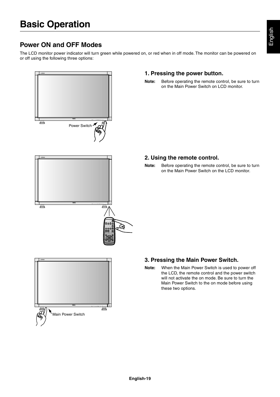 Basic operation, Power on and off modes | NEC LCD4000 User Manual | Page 21 / 37