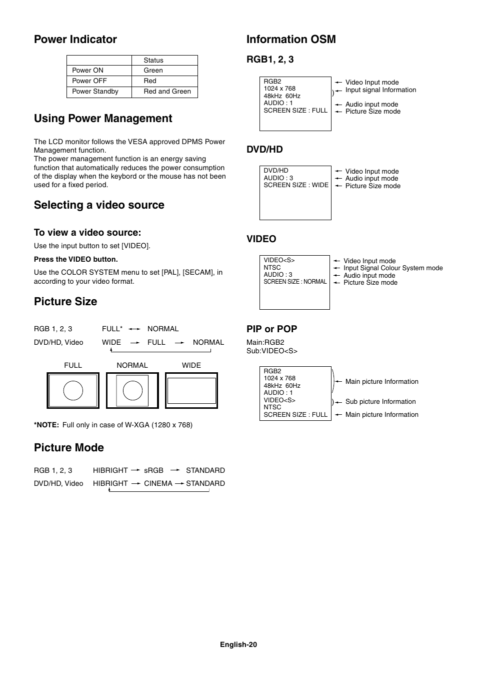 Power indicator using power management, Selecting a video source, Picture size | Picture mode, Information osm, Rgb1, 2, 3 dvd/hd video pip or pop | NEC LCD4000 User Manual | Page 22 / 37