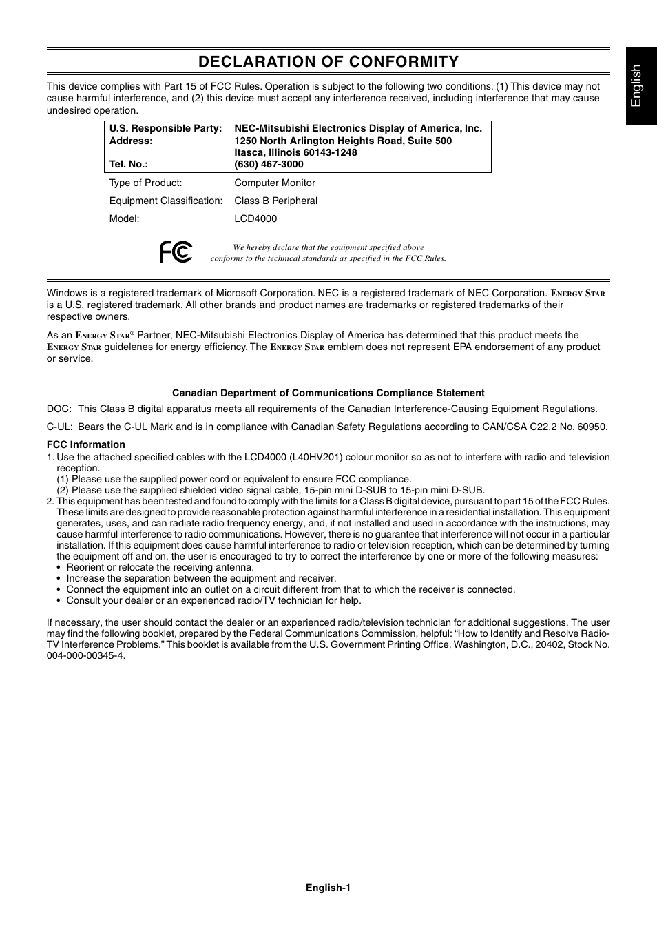 Declaration of conformity, English | NEC LCD4000 User Manual | Page 3 / 37