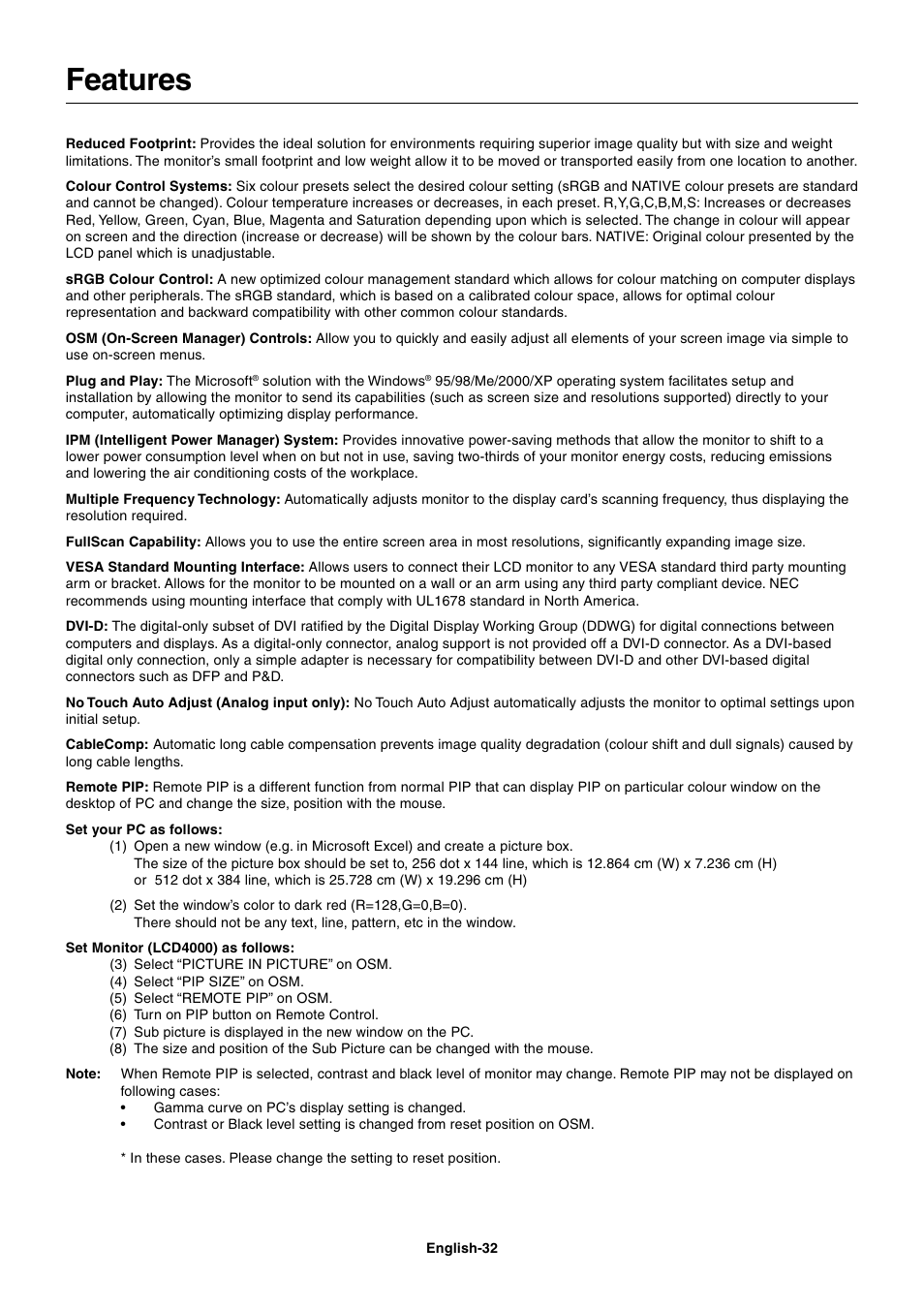 Features | NEC LCD4000 User Manual | Page 34 / 37