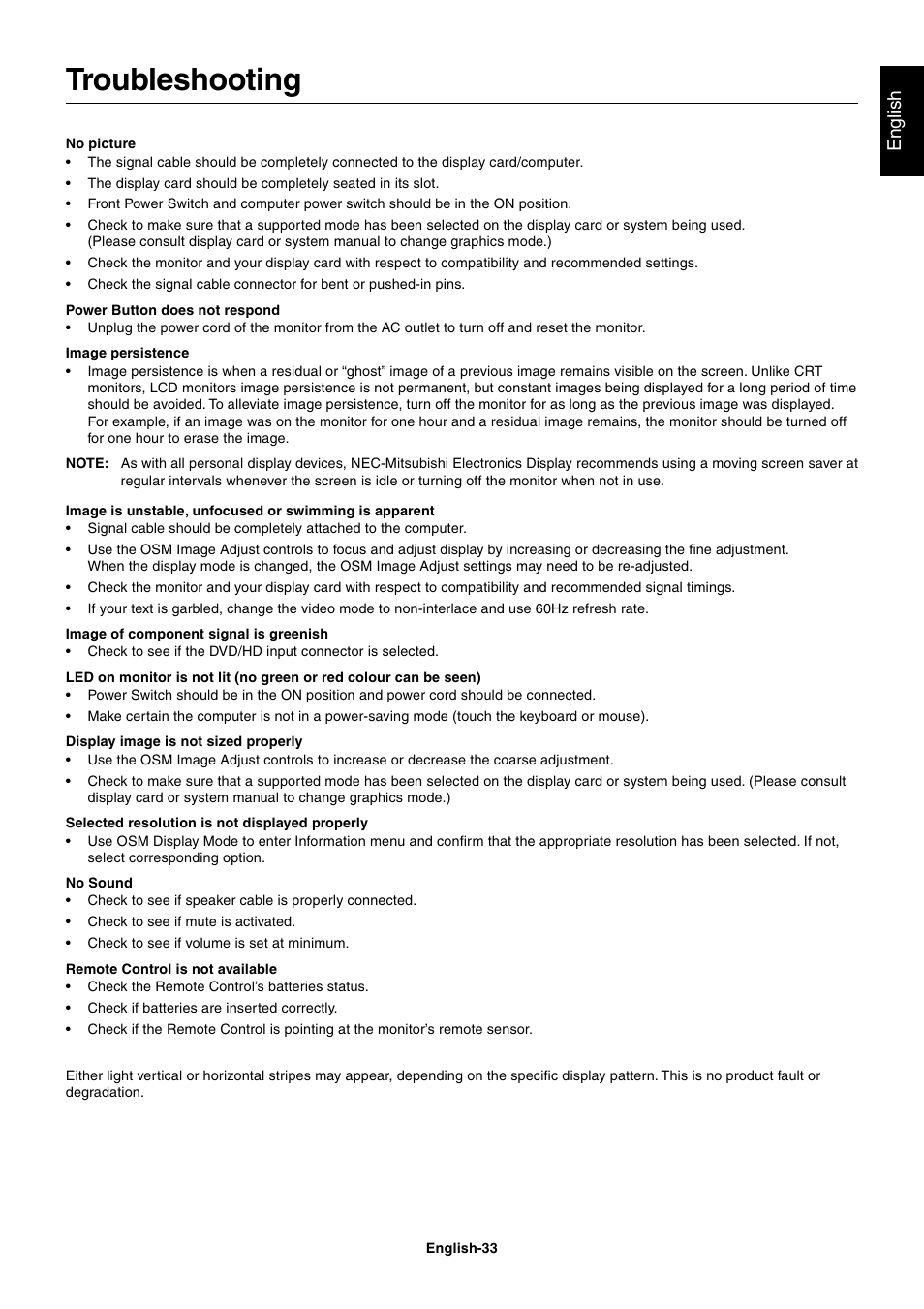 Troubleshooting, English | NEC LCD4000 User Manual | Page 35 / 37