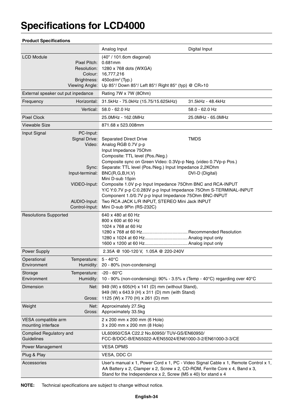 Specifications for lcd4000 | NEC LCD4000 User Manual | Page 36 / 37