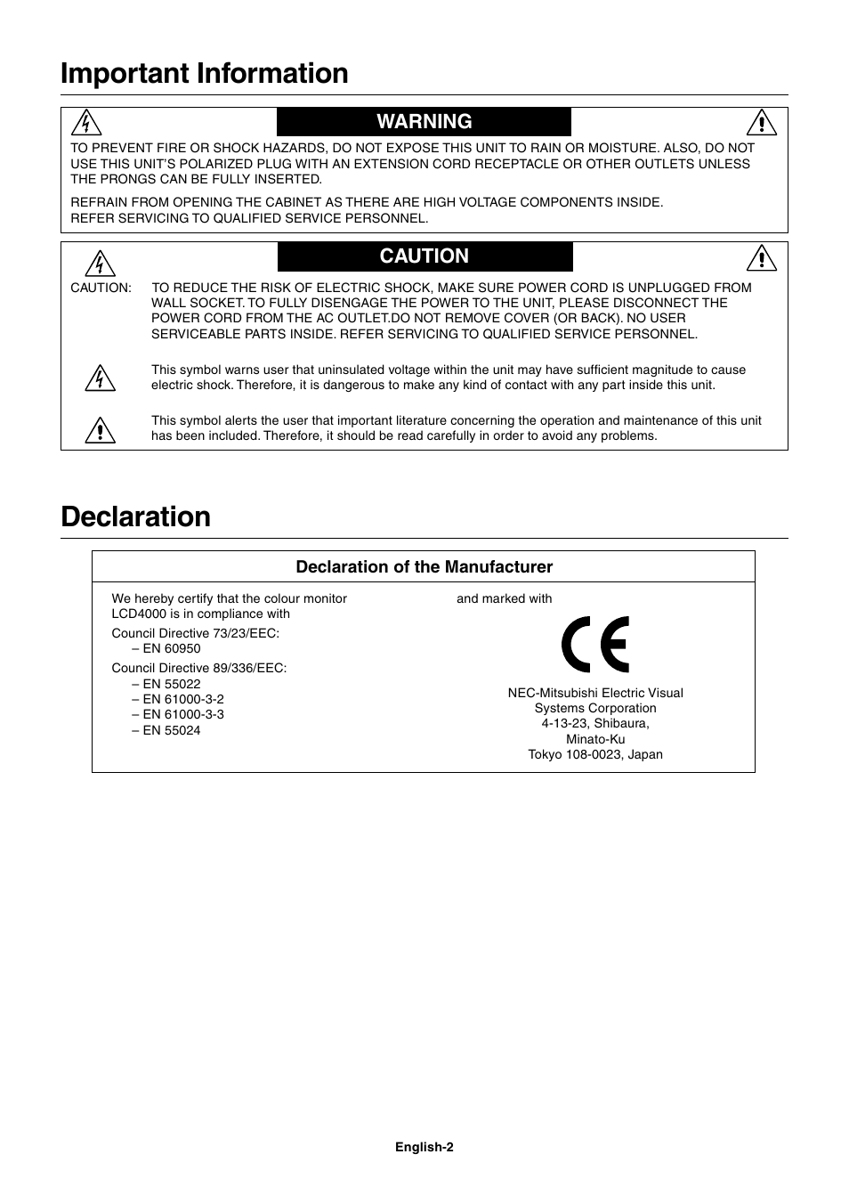 Important information, Warning, Caution | Declaration, Warning caution | NEC LCD4000 User Manual | Page 4 / 37