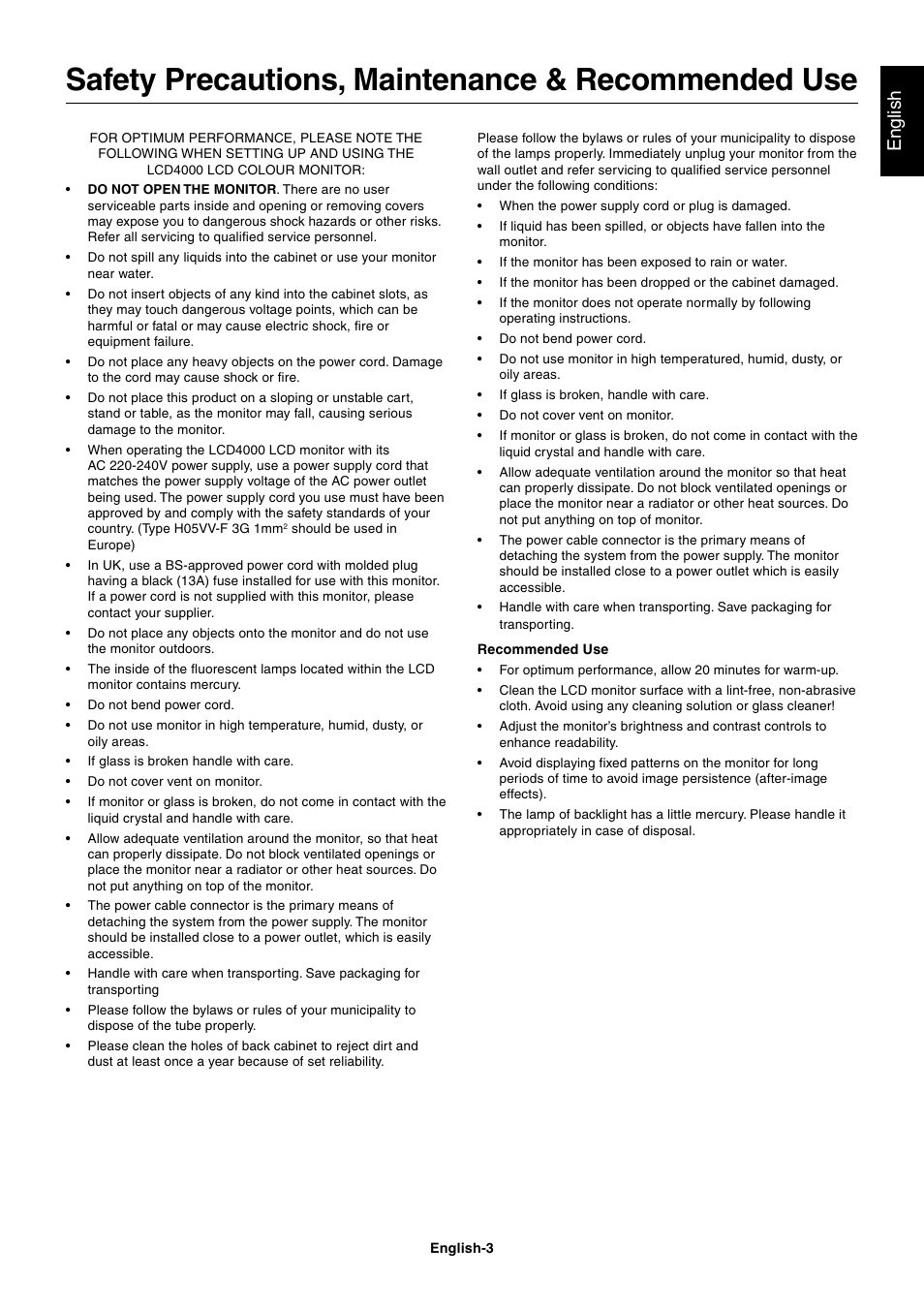 Safety precautions, maintenance & recommended use, English | NEC LCD4000 User Manual | Page 5 / 37