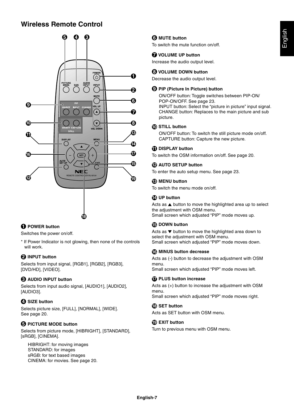 Wireless remote control, English | NEC LCD4000 User Manual | Page 9 / 37