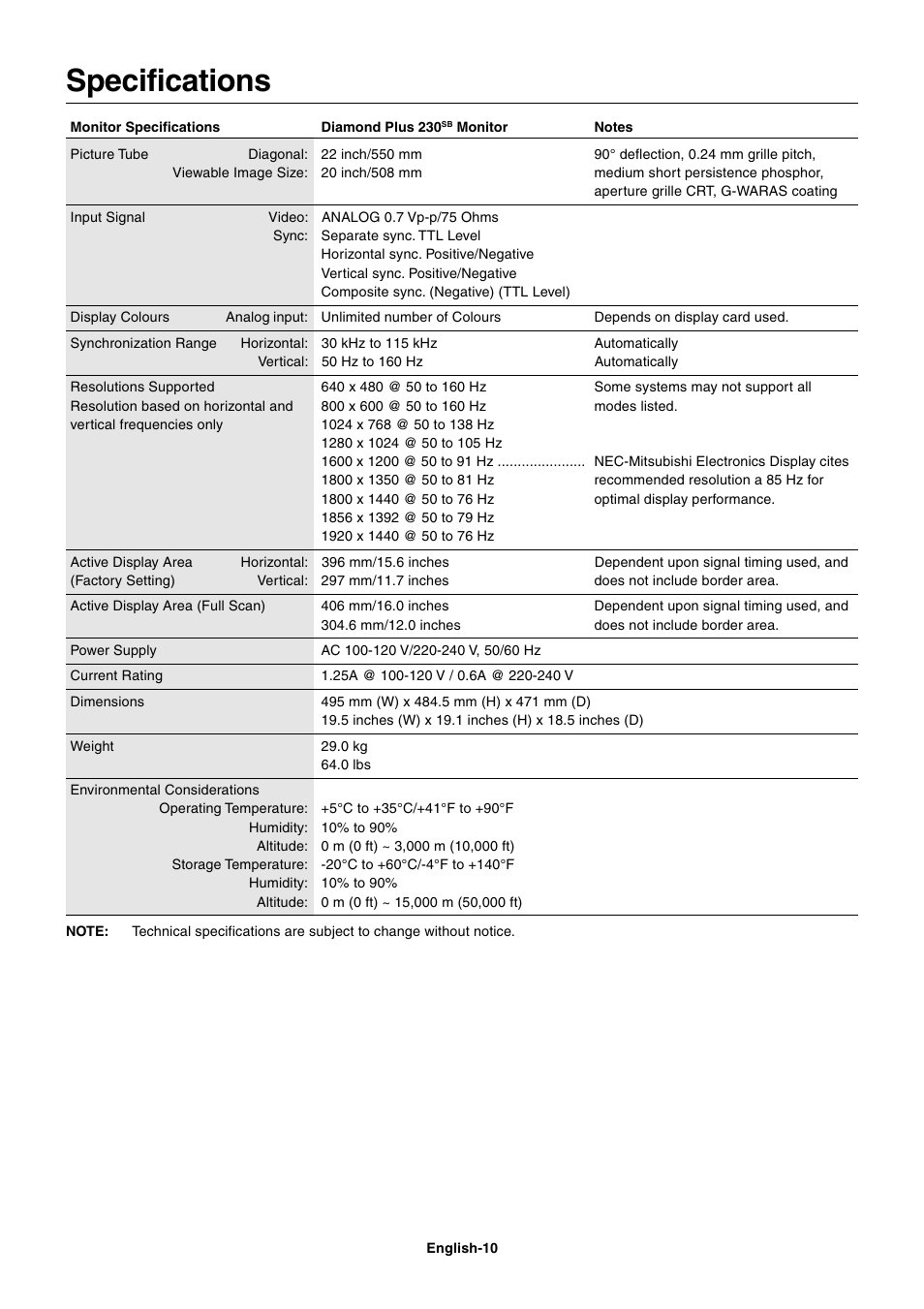 Specifications | MITSUBISHI ELECTRIC Diamond Plus 230SB User Manual | Page 12 / 15