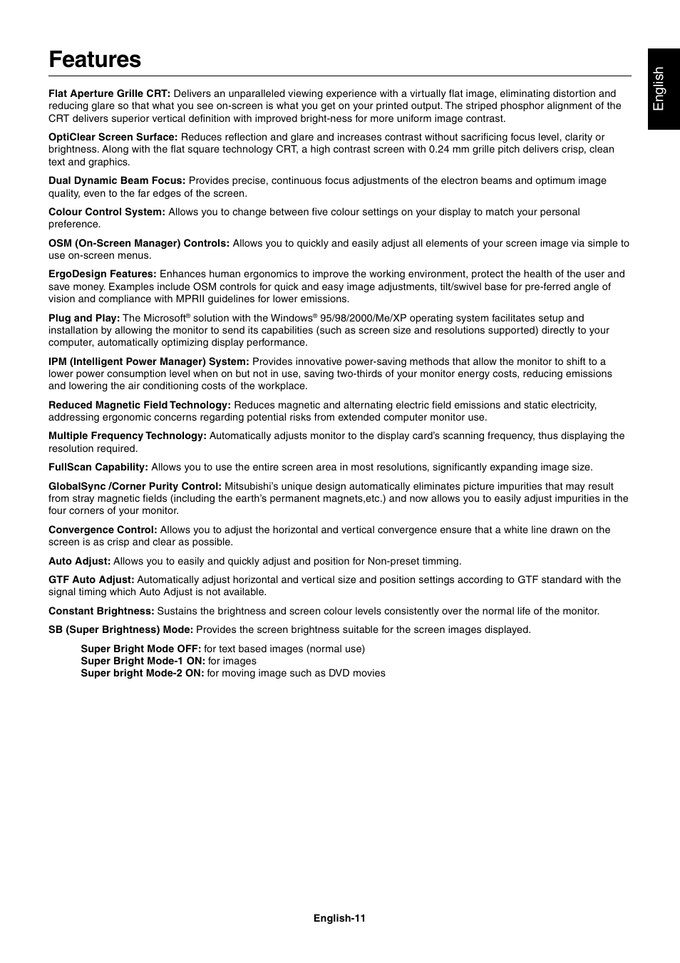 Features, English | MITSUBISHI ELECTRIC Diamond Plus 230SB User Manual | Page 13 / 15